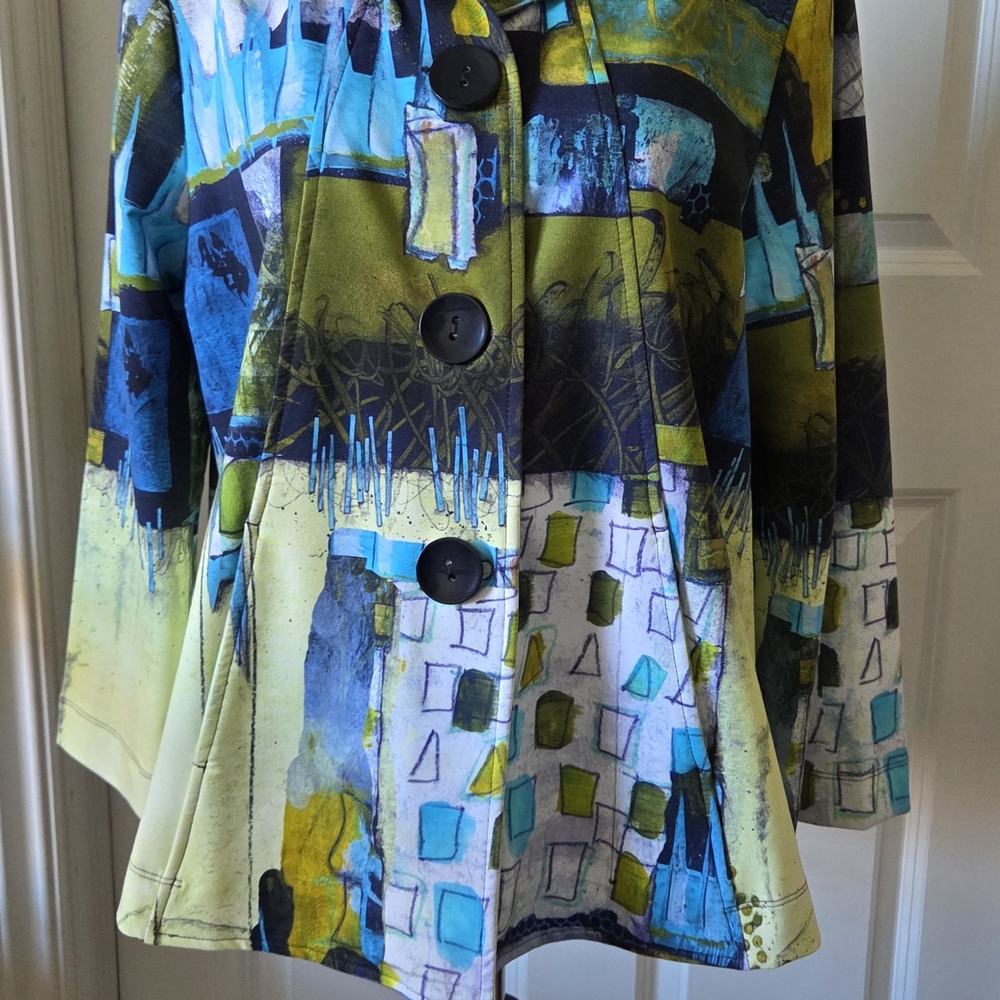 Simply Art by Dolcezza Jacket – Artsy Multicolor Button Front with Pleated Back